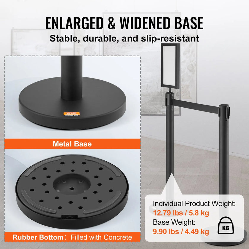 VEVOR Crowd Control Stanchions, 6-Pack Crowd Control Barriers, Carbon Steel Baking Painted Stanchion Queue Post with Sign Holder & 3PCS 6.5FT Retractable Belt, Belt Barrier Line Divider, Easy Assembly