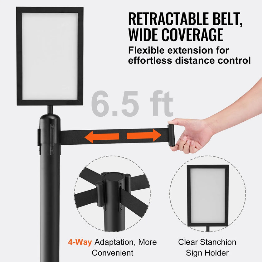 VEVOR Crowd Control Stanchions, 6-Pack Crowd Control Barriers, Carbon Steel Baking Painted Stanchion Queue Post with Sign Holder & 3PCS 6.5FT Retractable Belt, Belt Barrier Line Divider, Easy Assembly