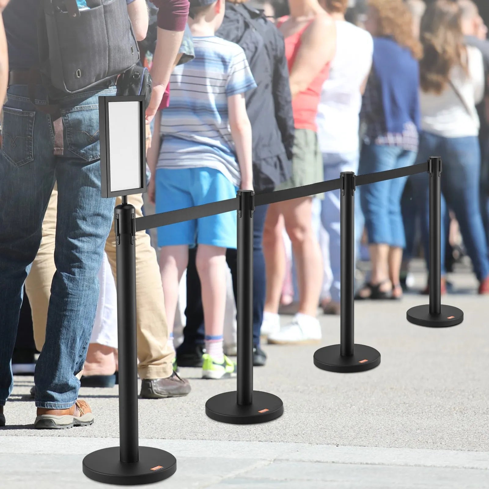 VEVOR Crowd Control Stanchions, 6-Pack Crowd Control Barriers, Carbon Steel Baking Painted Stanchion Queue Post with Sign Holder & 3PCS 6.5FT Retractable Belt, Belt Barrier Line Divider, Easy Assembly