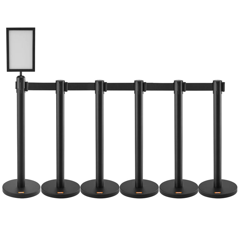VEVOR Crowd Control Stanchions, 6-Pack Crowd Control Barriers, Carbon Steel Baking Painted Stanchion Queue Post with Sign Holder & 3PCS 6.5FT Retractable Belt, Belt Barrier Line Divider, Easy Assembly