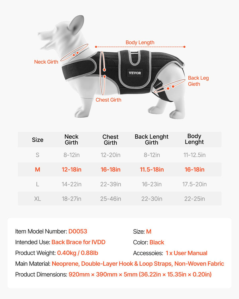 VEVOR Dog Back Brace Adjustable Dog Spine Support Harness for IVDD Pain Relief