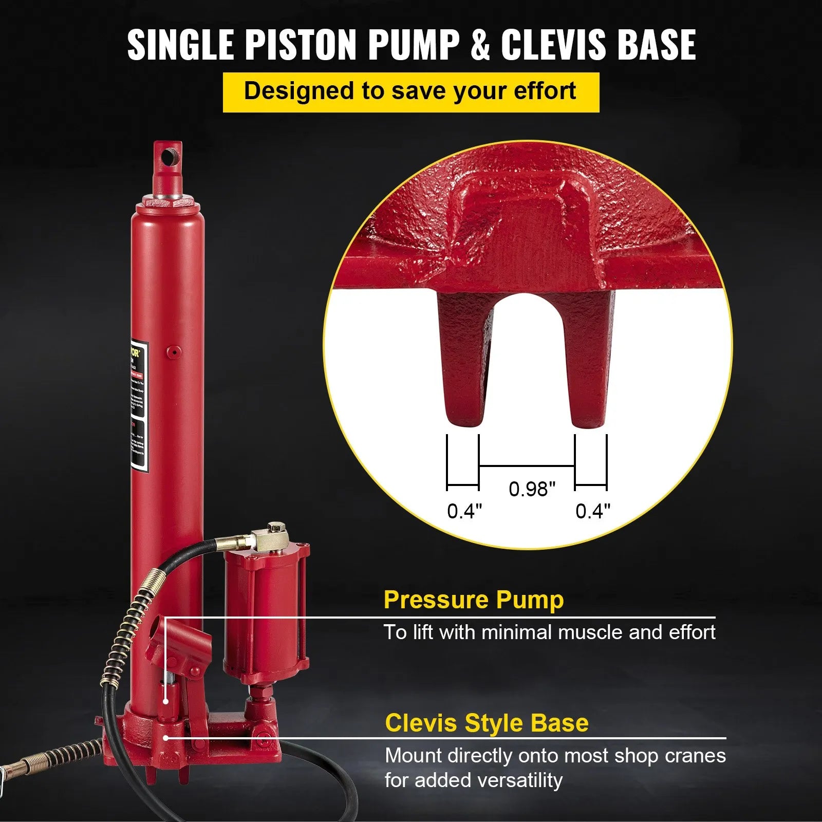 VEVOR Hydraulic/Pneumatic Long Ram Jack, 8 Tons/17363 lbs Capacity, with Single Piston Pump and Clevis Base, Manual Cherry Picker w/Handle, for Garage/Shop Cranes, Engine Lift Hoist, Red