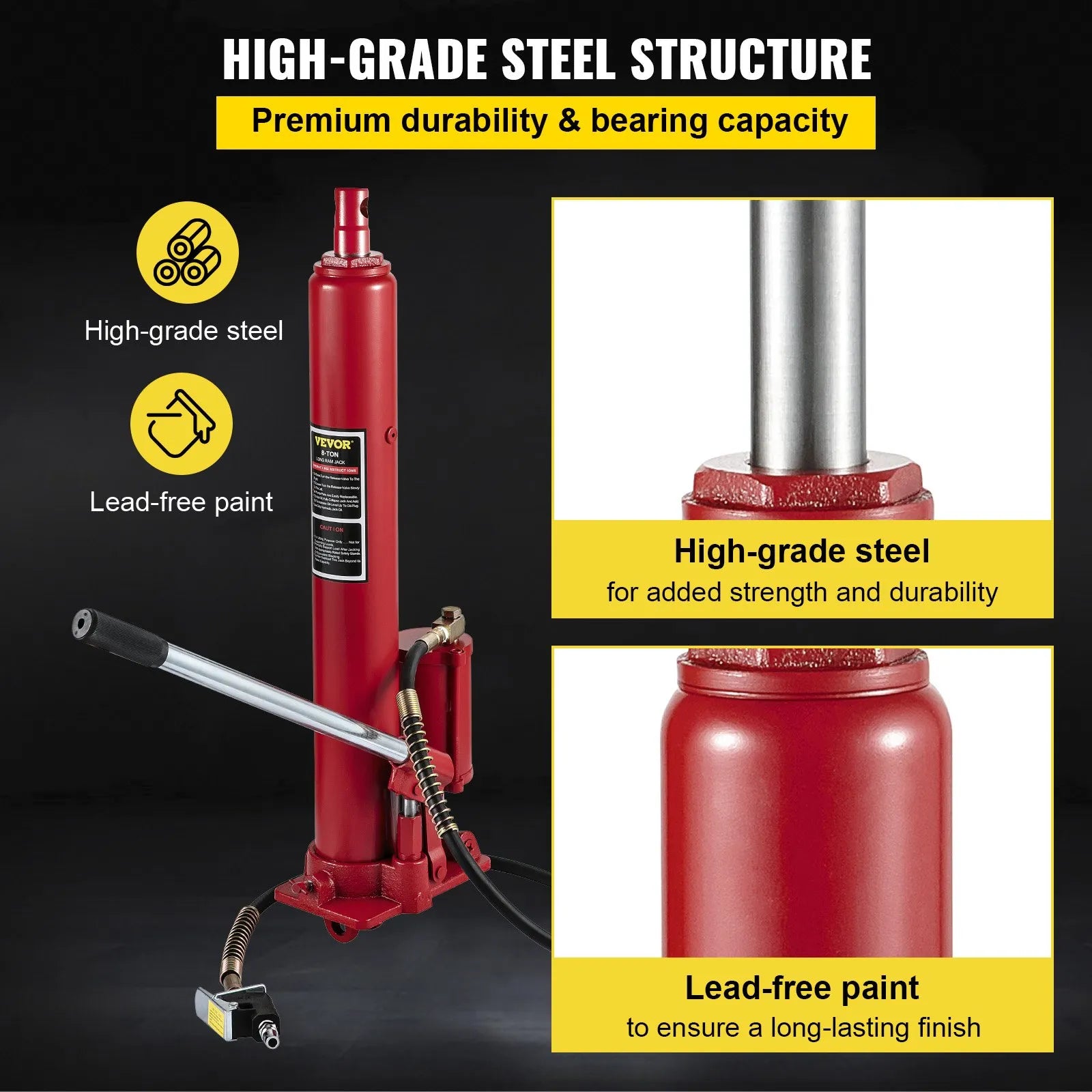 VEVOR Hydraulic/Pneumatic Long Ram Jack, 8 Tons/17363 lbs Capacity, with Single Piston Pump and Clevis Base, Manual Cherry Picker w/Handle, for Garage/Shop Cranes, Engine Lift Hoist, Red