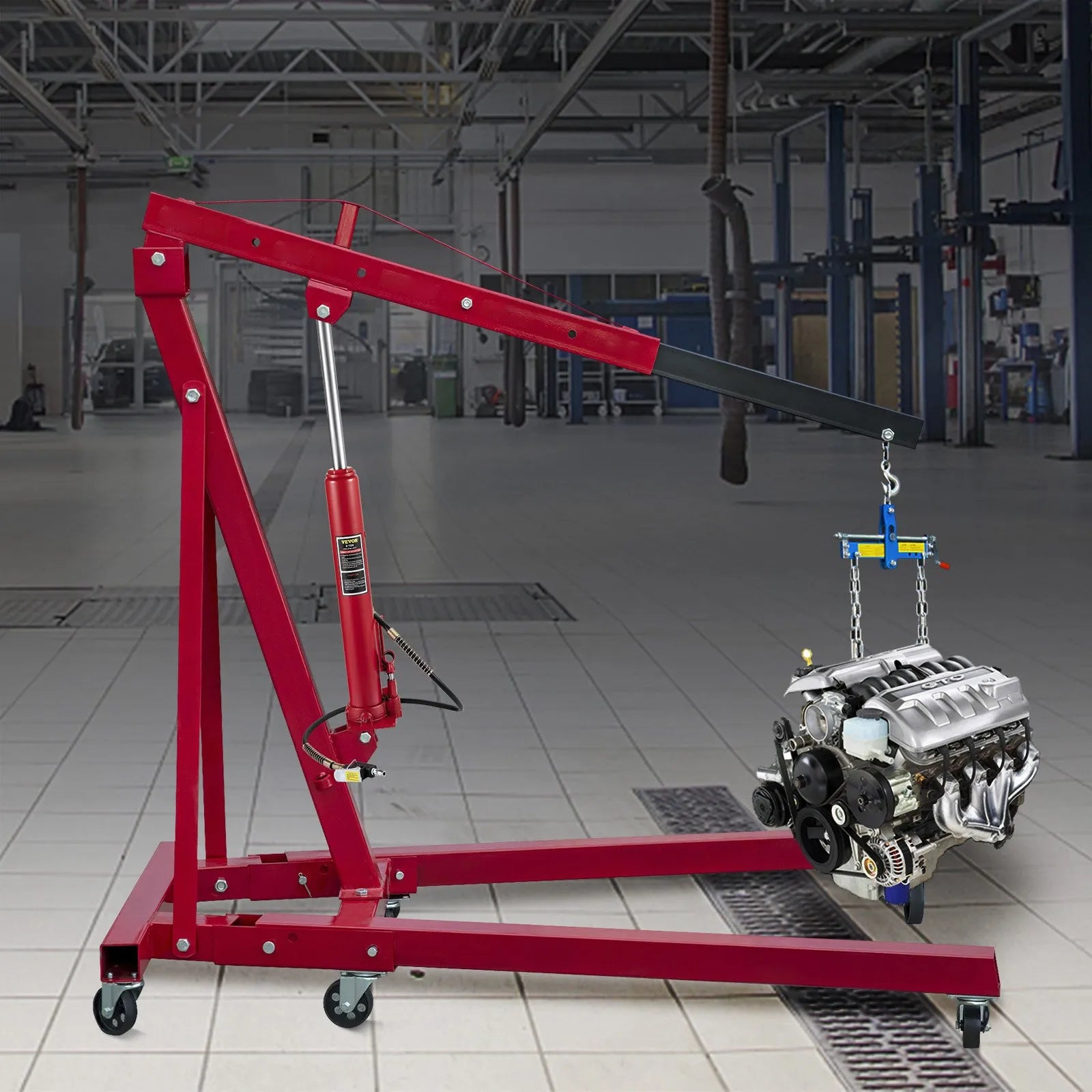 VEVOR Hydraulic/Pneumatic Long Ram Jack, 8 Tons/17363 lbs Capacity, with Single Piston Pump and Clevis Base, Manual Cherry Picker w/Handle, for Garage/Shop Cranes, Engine Lift Hoist, Red