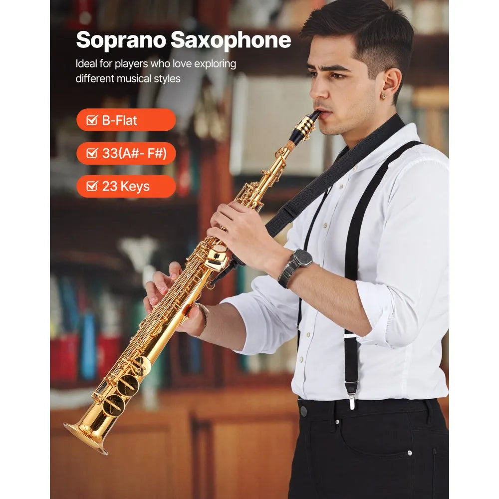 VEVOR Gold Brass Straight Soprano Saxophone B Flat Sax with Case Mouthpiece