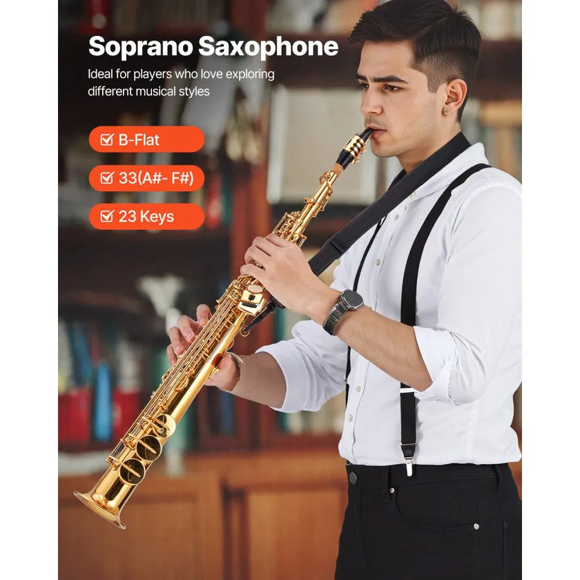 VEVOR Gold Brass Straight Soprano Saxophone B Flat Sax with Case Mouthpiece