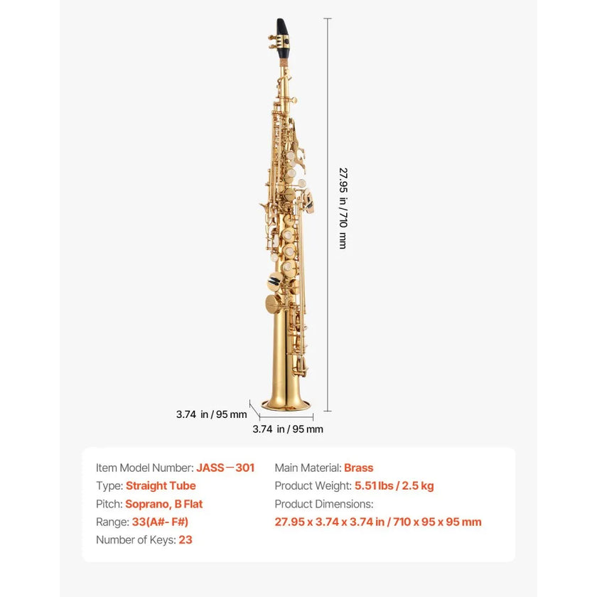 VEVOR Gold Brass Straight Soprano Saxophone B Flat Sax with Case Mouthpiece