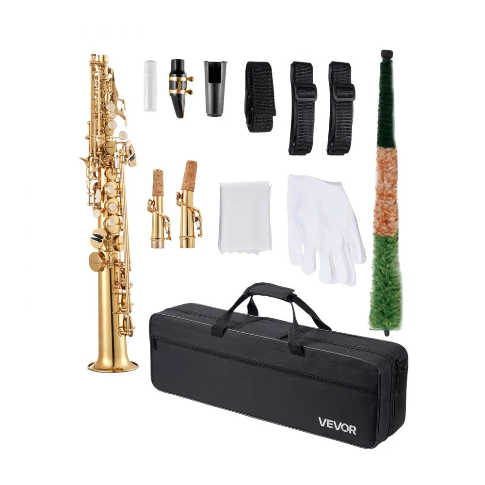 VEVOR Gold Brass Straight Soprano Saxophone B Flat Sax with Case Mouthpiece