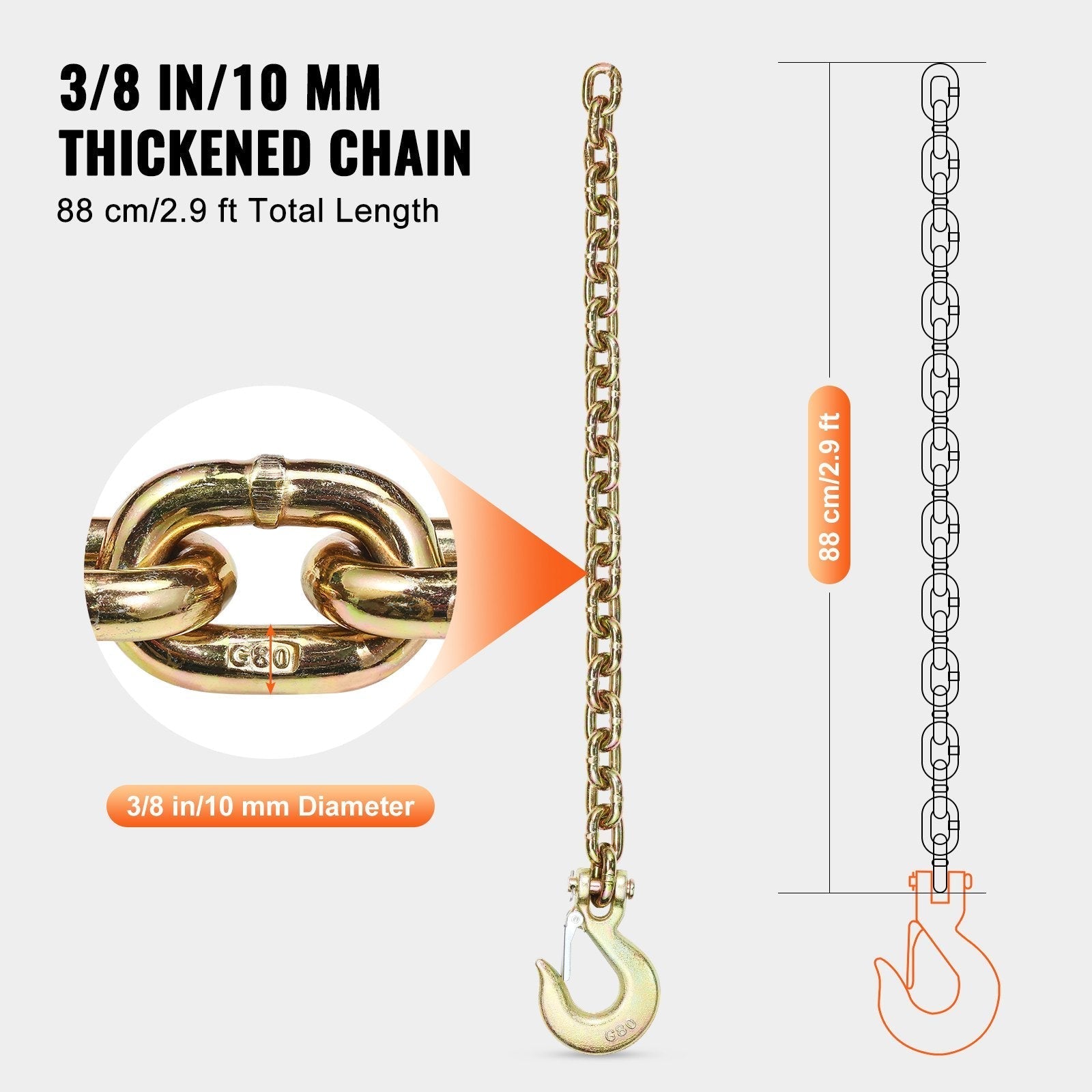 VEVOR Binder Chain G80 Tie Down Tow Chain with Hook 3/8