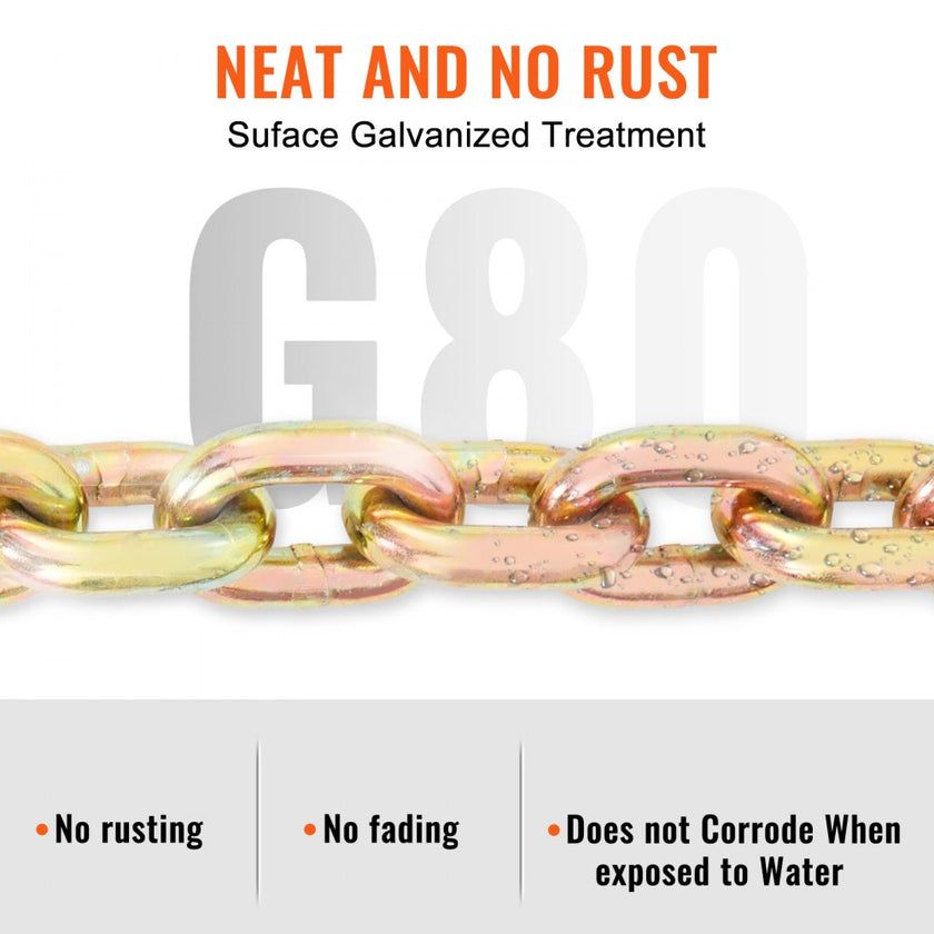 VEVOR Transport Binder Chain, 7100 lbs Working Load Limit, 3/8'' x 20' G80 Tow Chain Tie Down with Grab Hooks, DOT Certified, Galvanized Coating Manganese Steel for Dock Factory Construction Site