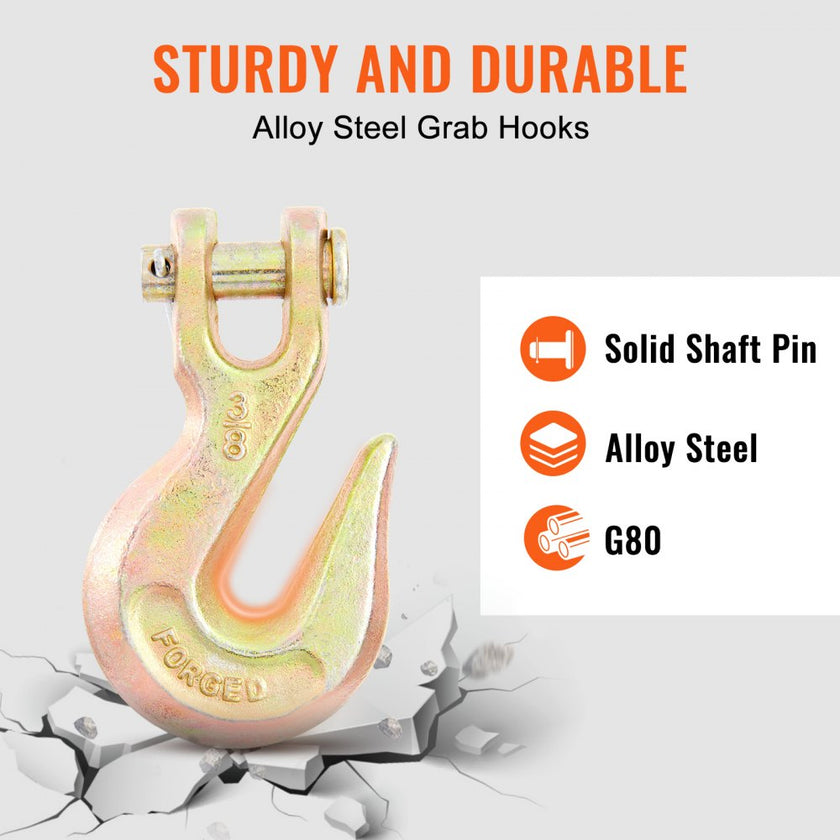VEVOR Transport Binder Chain, 7100 lbs Working Load Limit, 3/8'' x 20' G80 Tow Chain Tie Down with Grab Hooks, DOT Certified, Galvanized Coating Manganese Steel for Dock Factory Construction Site