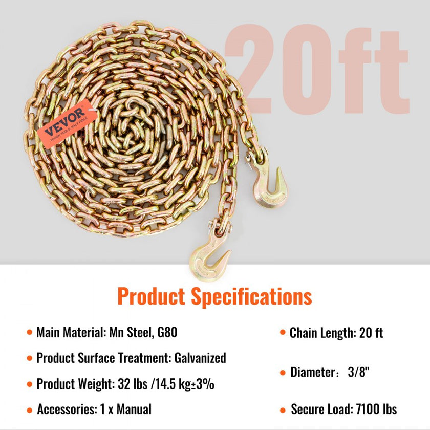 VEVOR Transport Binder Chain, 7100 lbs Working Load Limit, 3/8'' x 20' G80 Tow Chain Tie Down with Grab Hooks, DOT Certified, Galvanized Coating Manganese Steel for Dock Factory Construction Site