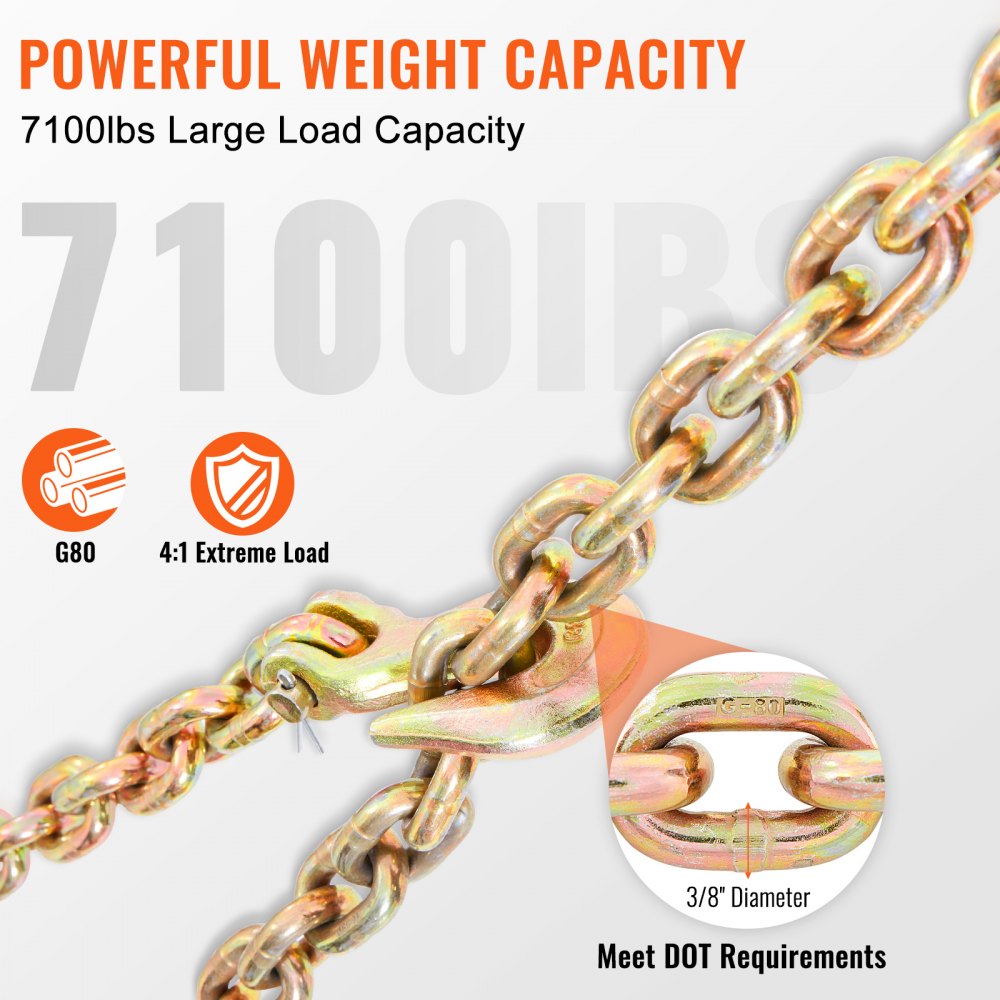 VEVOR Transport Binder Chain, 7100lbs Working Load Limit, 3/8''x20' G80 Tow Chain Tie Down with Grab Hooks, DOT Certified, Galvanized Coating Manganese Steel for Dock Factory Construction Site, 2 Pack