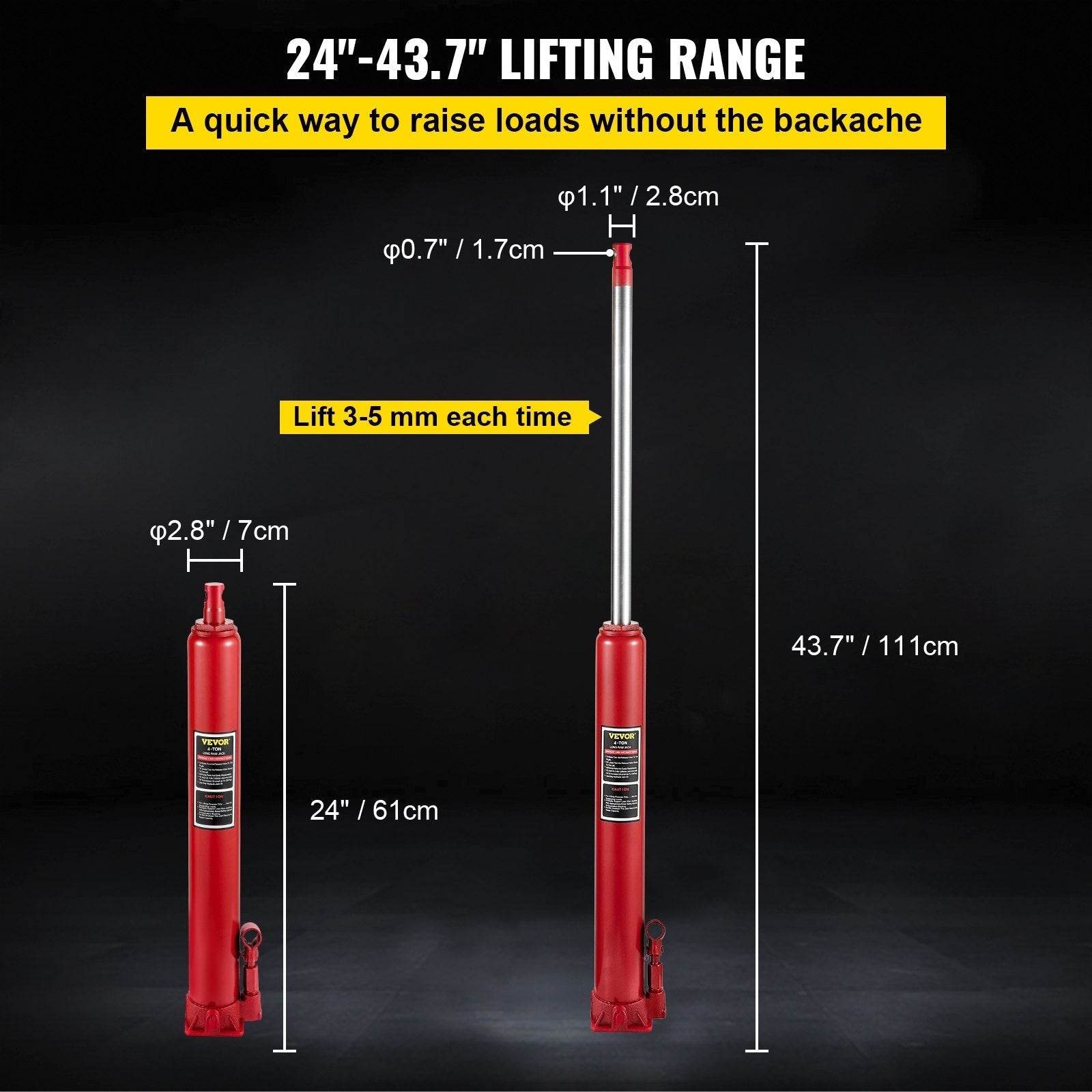 VEVOR Hydraulic Long Ram Jack, 4 Tons/8818 lbs Capacity, with Single Piston Pump and Flat Base, Manual Cherry Picker w/Handle, for Garage/Shop Cranes, Engine Lift Hoist, Red