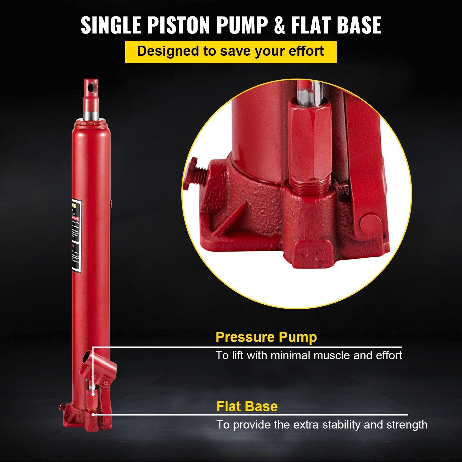 VEVOR Hydraulic Long Ram Jack, 4 Tons/8818 lbs Capacity, with Single Piston Pump and Flat Base, Manual Cherry Picker w/Handle, for Garage/Shop Cranes, Engine Lift Hoist, Red