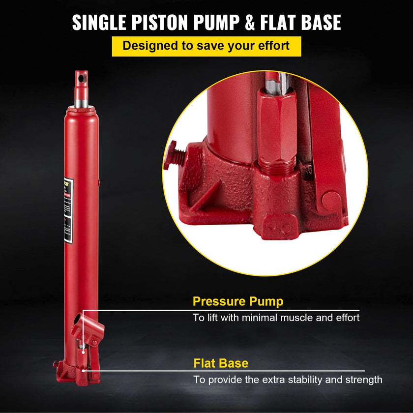 VEVOR Hydraulic Long Ram Jack, 4 Tons/8818 lbs Capacity, with Single Piston Pump and Flat Base, Manual Cherry Picker w/Handle, for Garage/Shop Cranes, Engine Lift Hoist, Red