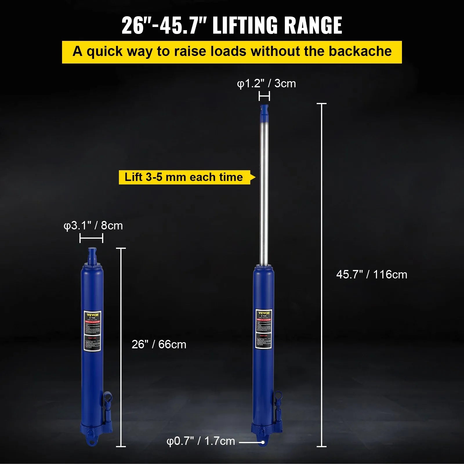 VEVOR Hydraulic Long Ram Jack, 8 Tons/17363 lbs Capacity, with Single Piston Pump and Clevis Base, Manual Cherry Picker with Handle, for Garage/Shop Cranes, Engine Lift Hoist, Blue