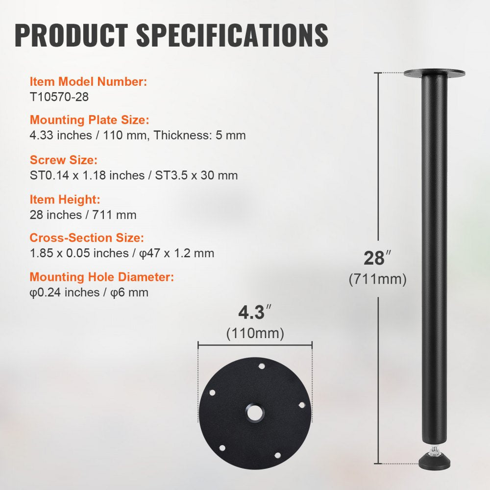 VEVOR 28 Inch Adjustable Desk Legs, Reinforced Steel Office Table Furniture legs Set of 4 for DIY, 1200 lbs Load Capacity Heavy Duty Desk Legs, Quick Instalation Legs with Adjustable Foot Cup Black