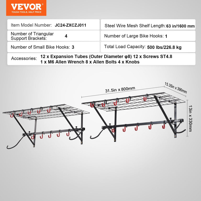 VEVOR Bike Storage Rack Wall Mount Garage Bike Holder & 2 Shelves for 4 Bicycles