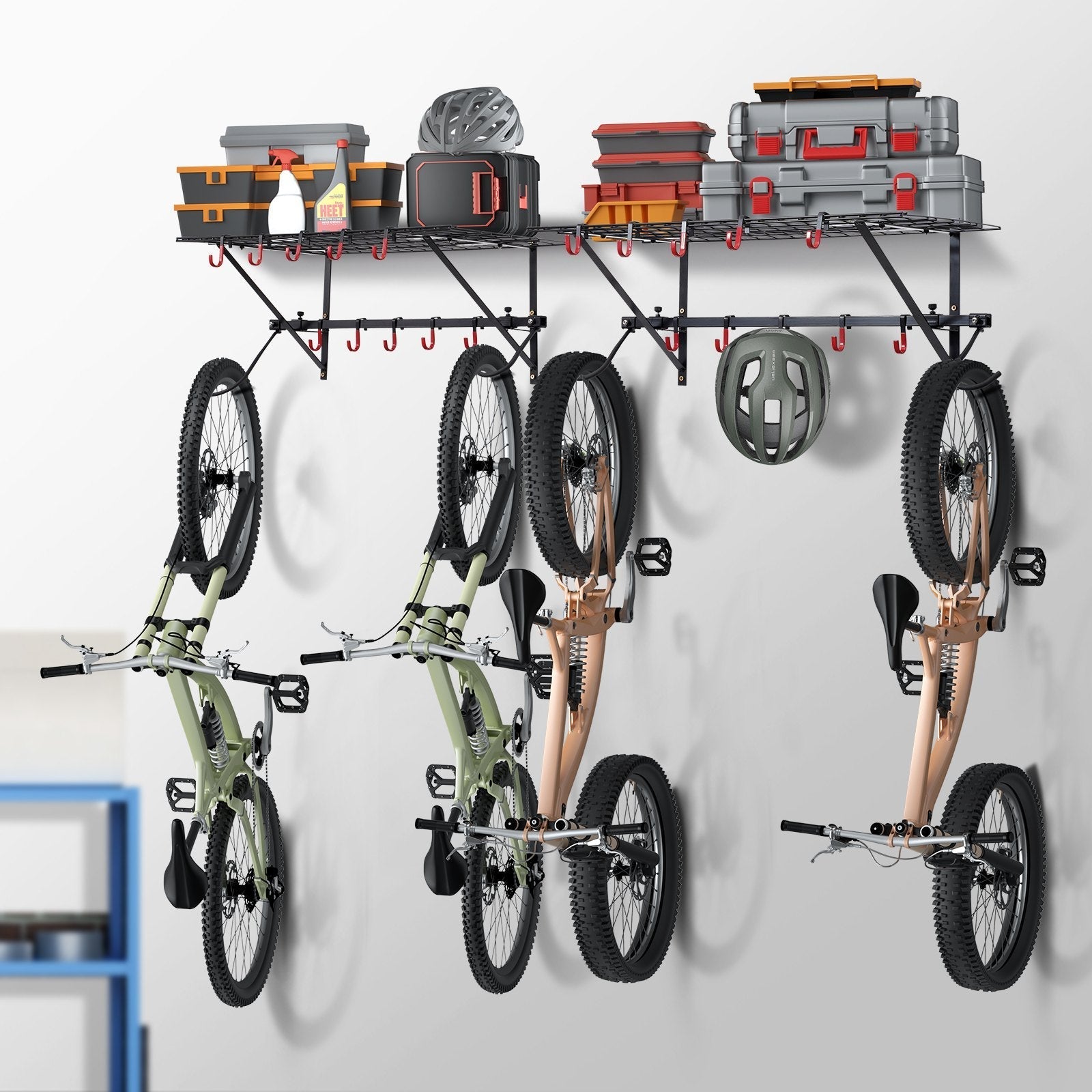 VEVOR Bike Storage Rack Wall Mount Garage Bike Holder & 2 Shelves for 4 Bicycles