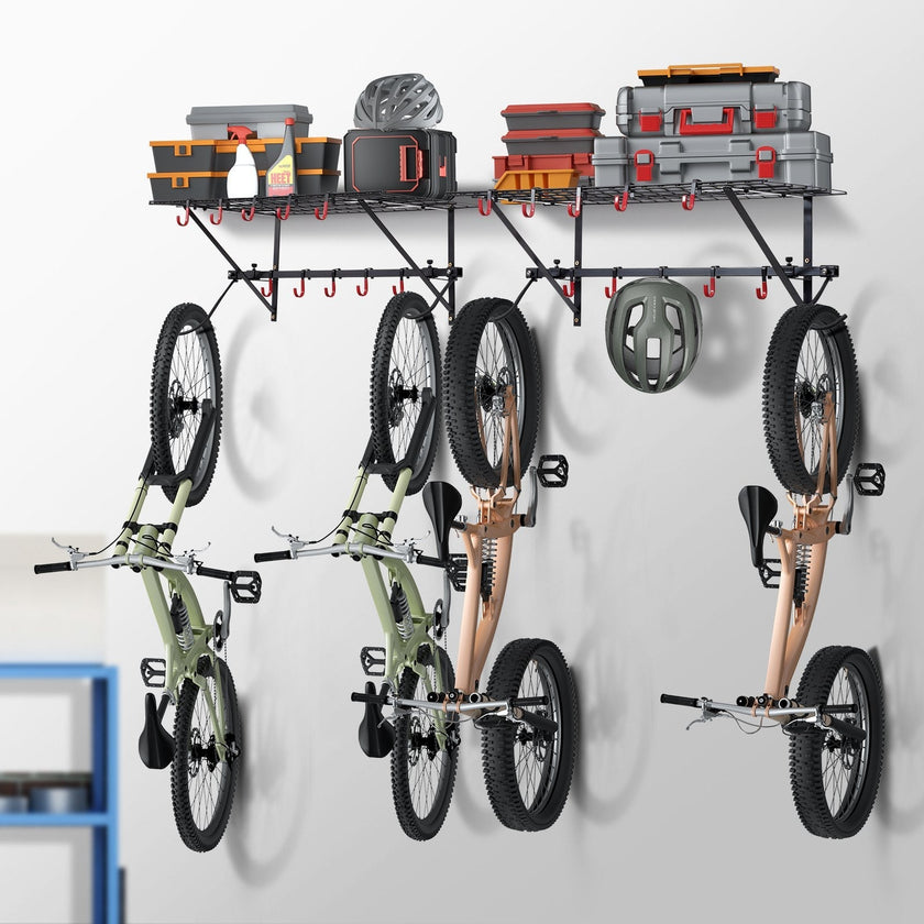 VEVOR Bike Storage Rack Wall Mount Garage Bike Holder & 2 Shelves for 4 Bicycles