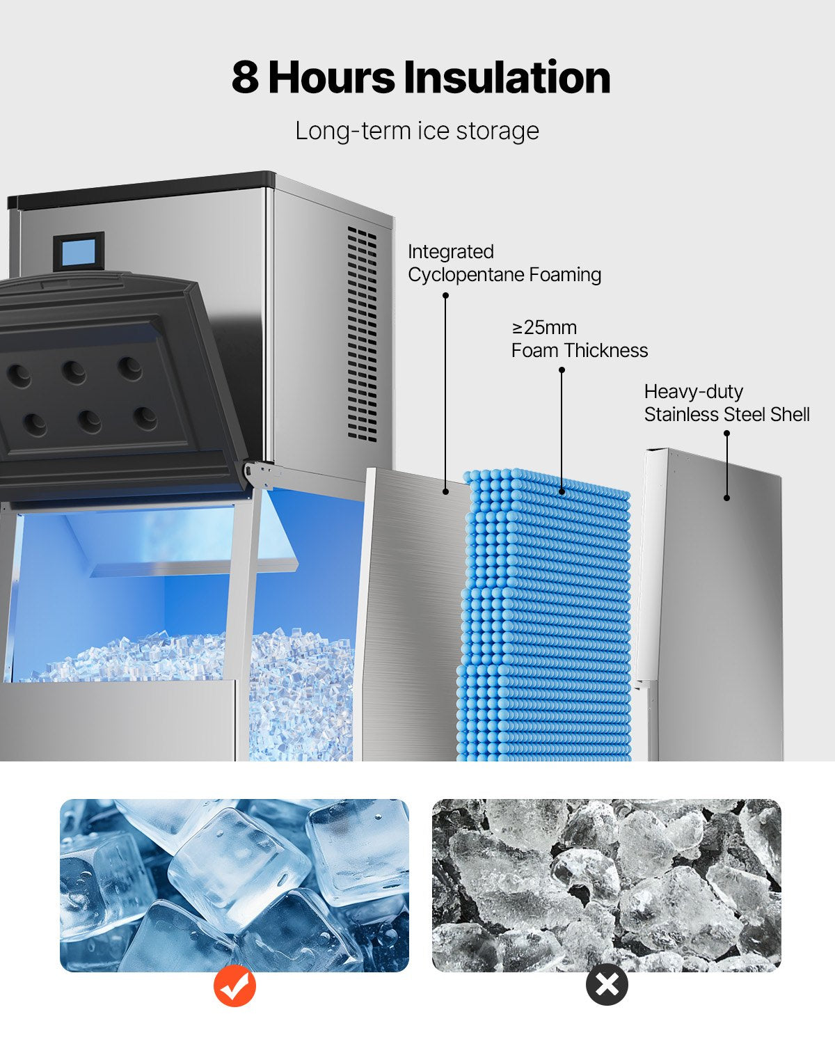 VEVOR Commercial Ice Maker 500LBS/24H & 250LBS Storage Bin Auto Self-Cleaning