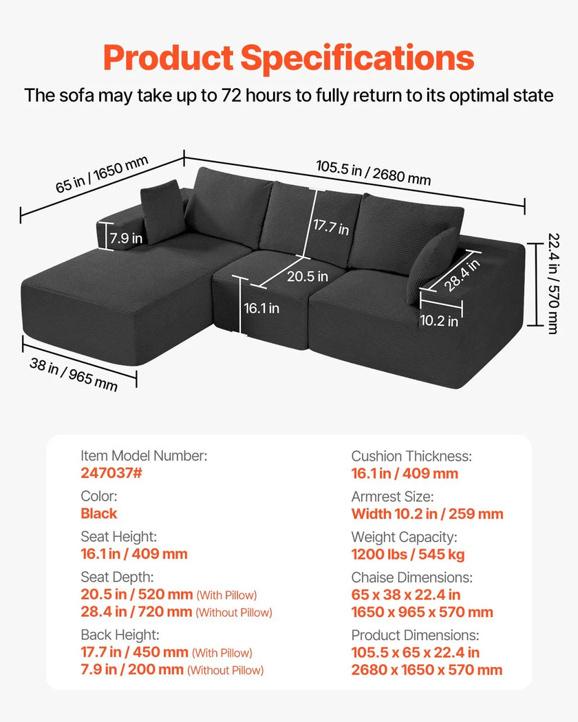 VEVOR Modular Sectional Sofa L Shaped Cloud Couch with Chaise and Cushion Black