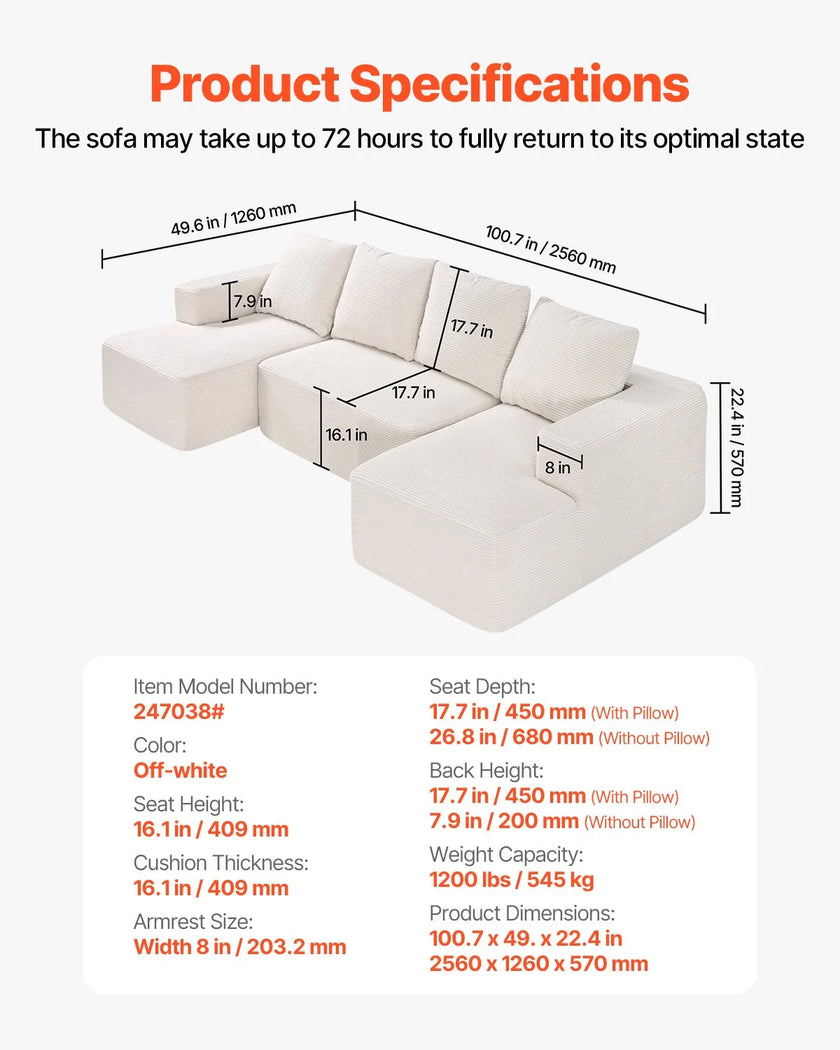 VEVOR Modular Sectional Sofa U Shaped Cloud Couch with Chaise and Cushion Beige