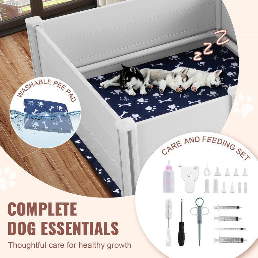 VEVOR Dog Whelping Box 93.3 x 48.4 x 18.1in Dual Zone PVC with Rails Pee Pad