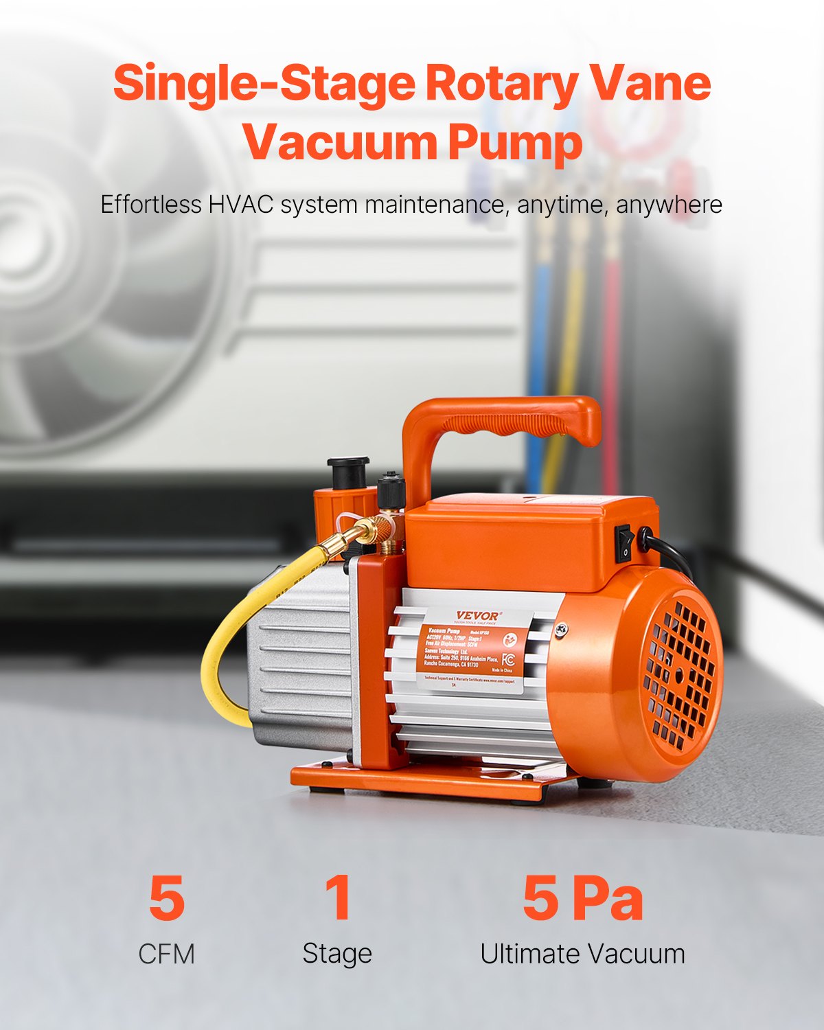 VEVOR Vacuum Pump 5 CFM HVAC Single Stage Rotary Vane Vacuum Pump Oil Included