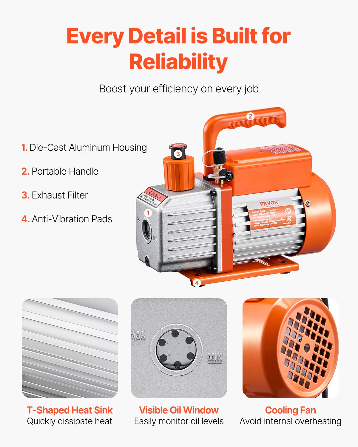 VEVOR Vacuum Pump 4 CFM HVAC Single Stage Rotary Vane Vacuum Pump Oil Included