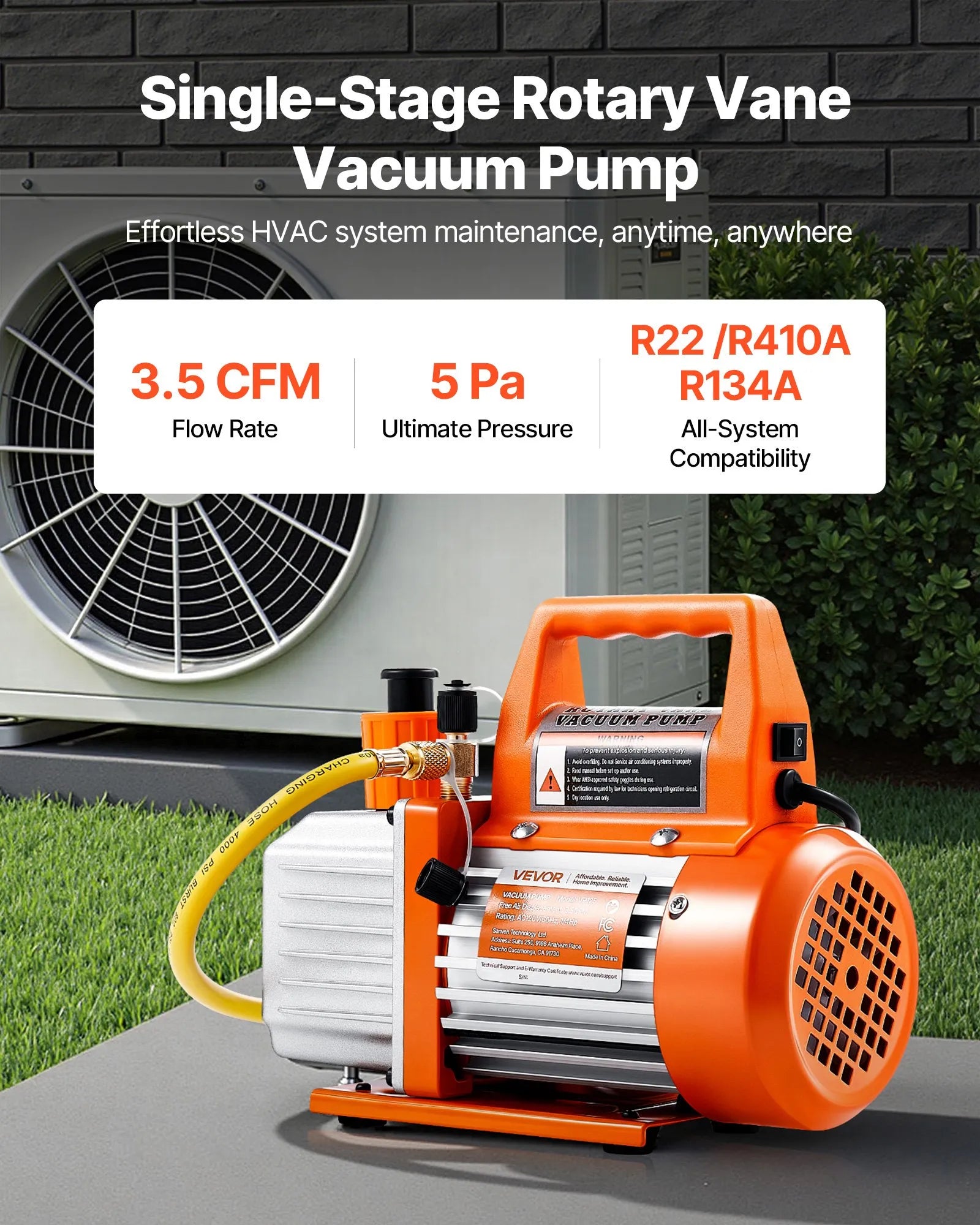 VEVOR Vacuum Pump 3.5 CFM HVAC Single Stage Rotary Vane Vacuum Pump Oil Included
