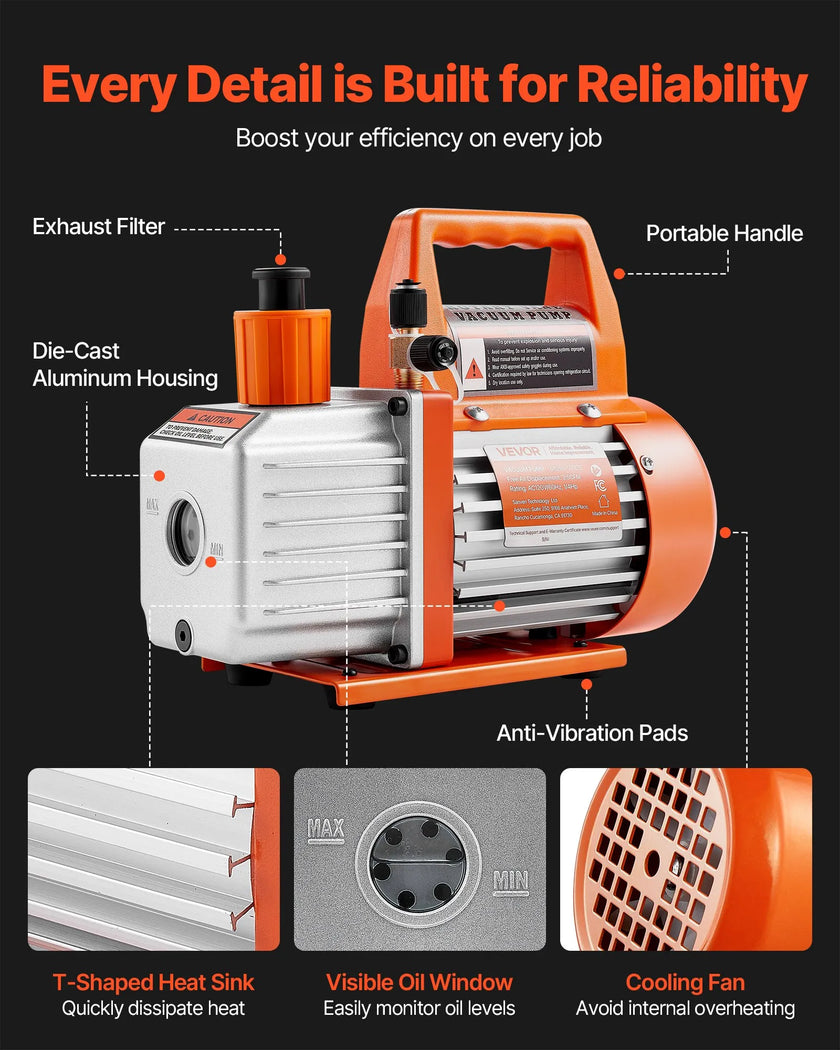 VEVOR Vacuum Pump 3.5 CFM HVAC Single Stage Rotary Vane Vacuum Pump Oil Included