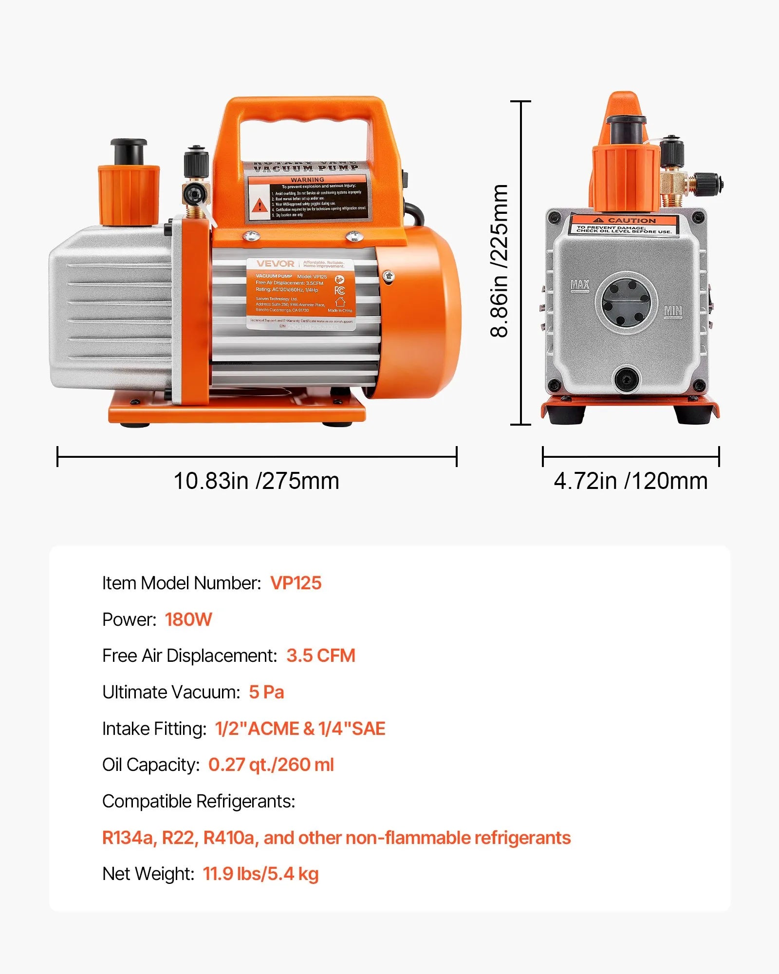 VEVOR Vacuum Pump 3.5 CFM HVAC Single Stage Rotary Vane Vacuum Pump Oil Included