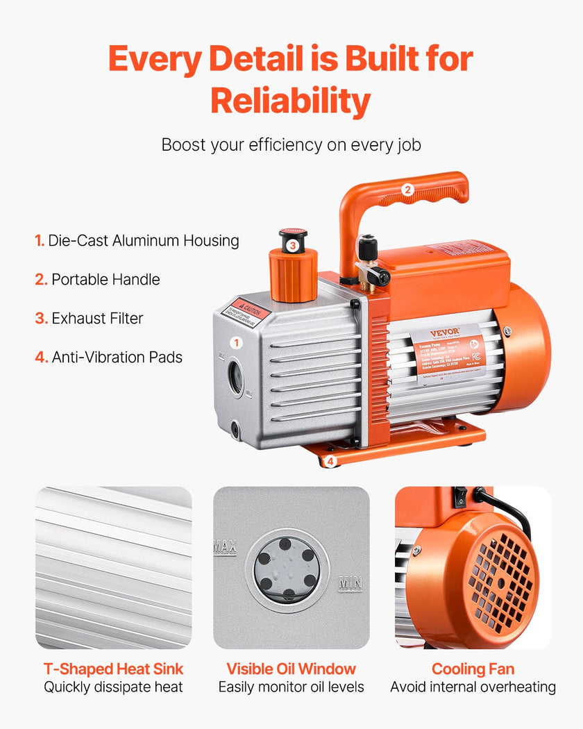 VEVOR Vacuum Pump 6 CFM HVAC 2 Stage Rotary Vane Vacuum Pump Oil Included