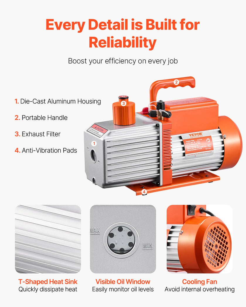 VEVOR Vacuum Pump 9 CFM HVAC 2 Stage Rotary Vane Vacuum Pump Oil Included