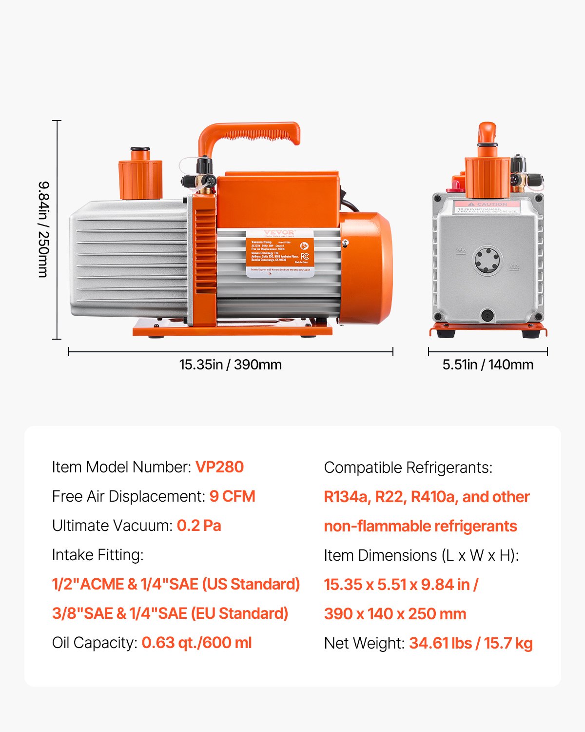VEVOR Vacuum Pump 9 CFM HVAC 2 Stage Rotary Vane Vacuum Pump Oil Included