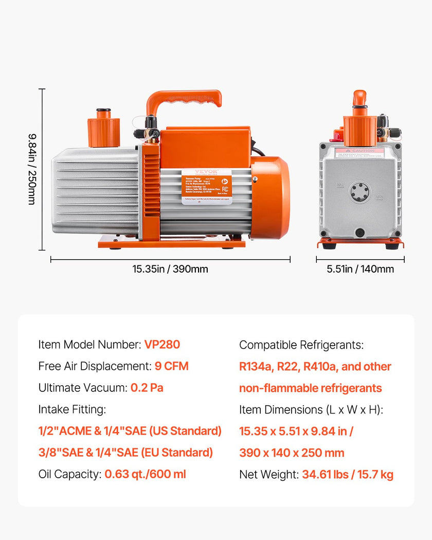 VEVOR Vacuum Pump 9 CFM HVAC 2 Stage Rotary Vane Vacuum Pump Oil Included