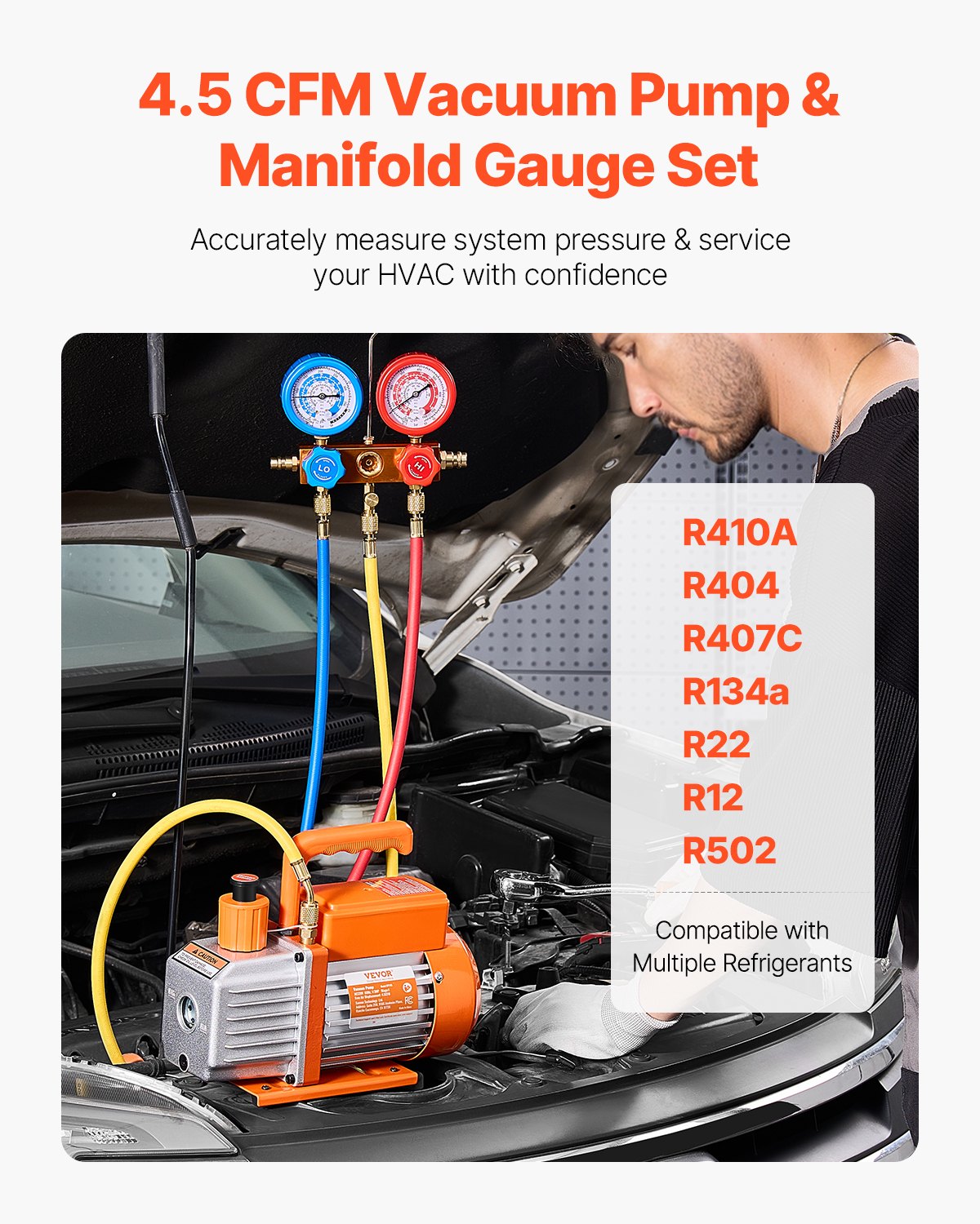 VEVOR 4.5 CFM HVAC Single Stage Rotary Vane Vacuum Pump and Manifold Gauge Kit
