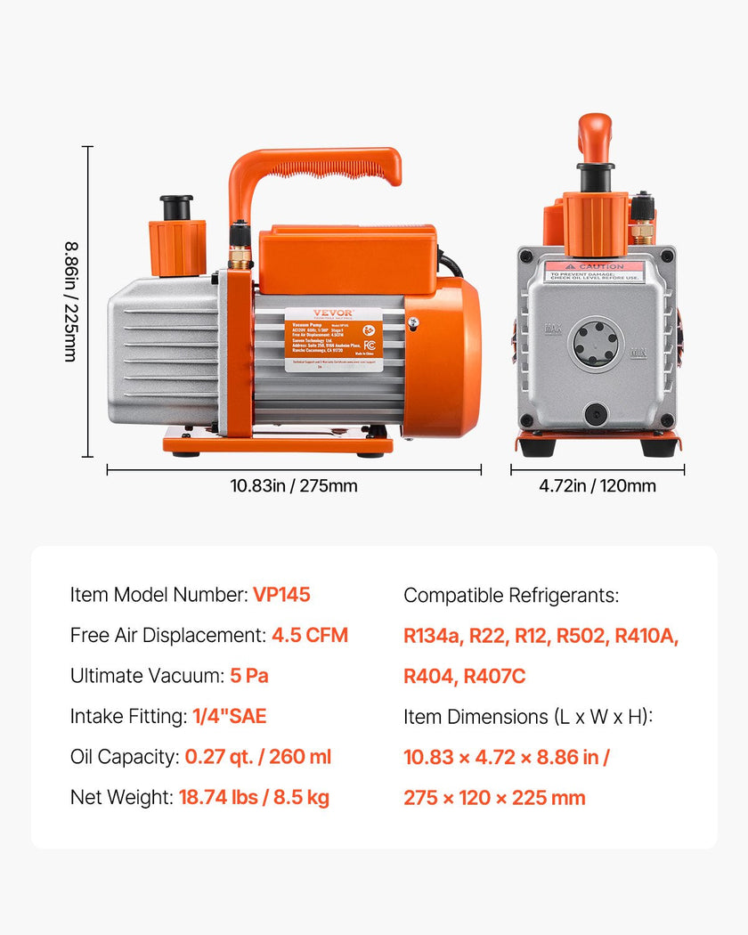 VEVOR 4.5 CFM HVAC Single Stage Rotary Vane Vacuum Pump and Manifold Gauge Kit