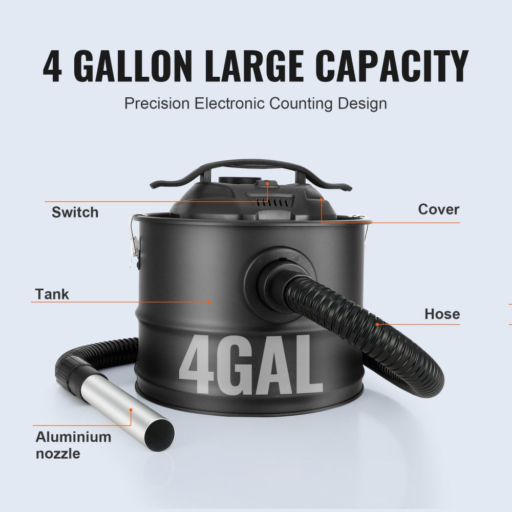 VEVOR Ash Vacuum Cleaner, 4 Gallon with 1200W Powerful Suction, Ash Vac Collector with 47.2 in Flexible Hose, for Fireplaces, Pellet Stoves, Wood Stove, Log Burner, Grills, Pizza Ovens, Fire Pits