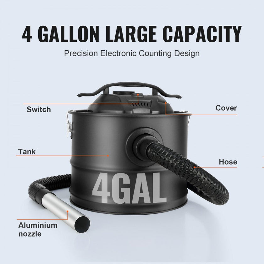 VEVOR Ash Vacuum Cleaner, 4 Gallon with 1200W Powerful Suction, Ash Vac Collector with 47.2 in Flexible Hose, for Fireplaces, Pellet Stoves, Wood Stove, Log Burner, Grills, Pizza Ovens, Fire Pits