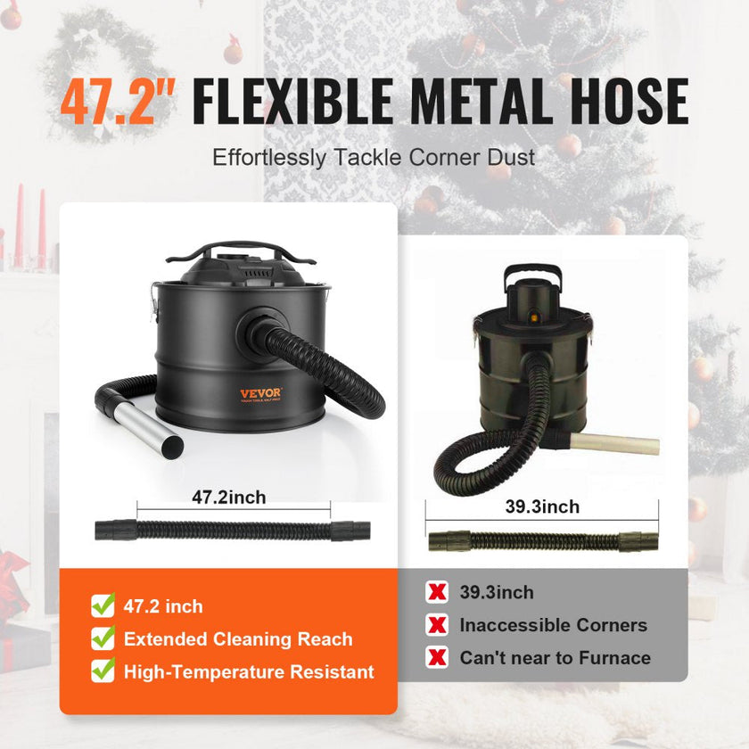 VEVOR Ash Vacuum Cleaner, 4 Gallon with 1200W Powerful Suction, Ash Vac Collector with 47.2 in Flexible Hose, for Fireplaces, Pellet Stoves, Wood Stove, Log Burner, Grills, Pizza Ovens, Fire Pits