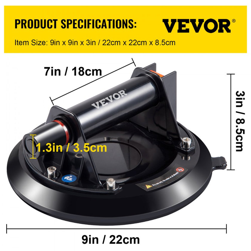 VEVOR Glass Lifting Vacuum Suction Cup, 9\'\' Glass Lifter Suction Cup, 275lbs Load Capacity Glass Lifting Suction Cup, Heavy-Duty Hand-Held Glass Lifter For Moving Large Granite Tile & Replacing Wind