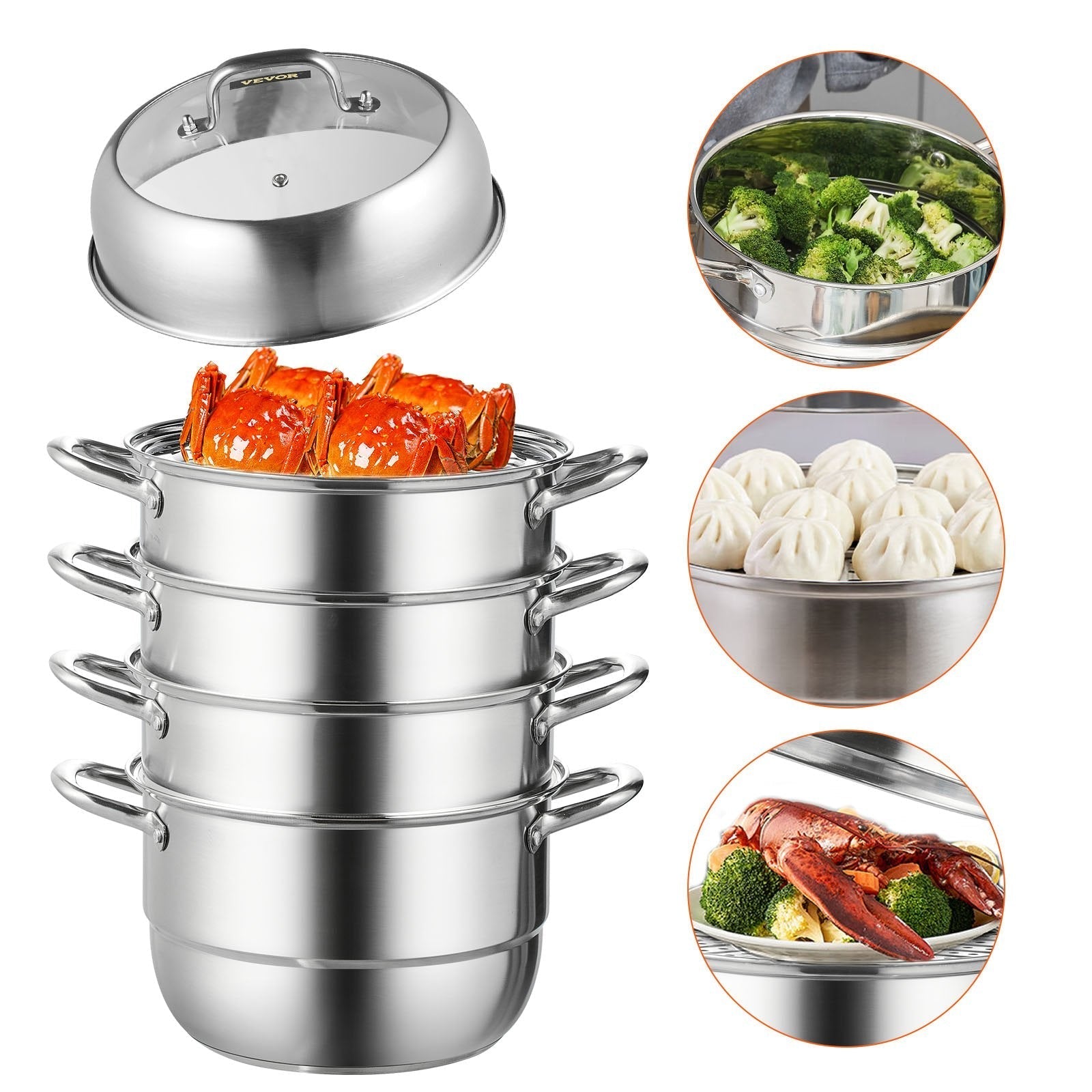 VEVOR 5-Tier Stainless Steel Steamer, 11'' Multi-Layer Cookware Pot with Handles on Both Sides, Work with Gas, Electric, Grill Stove Top, Dia-28cm, Sliver
