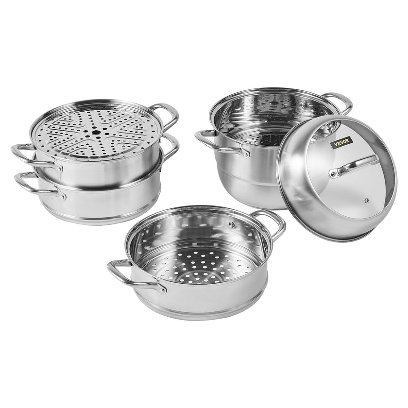 VEVOR 5-Tier Stainless Steel Steamer, 11'' Multi-Layer Cookware Pot with Handles on Both Sides, Work with Gas, Electric, Grill Stove Top, Dia-28cm, Sliver