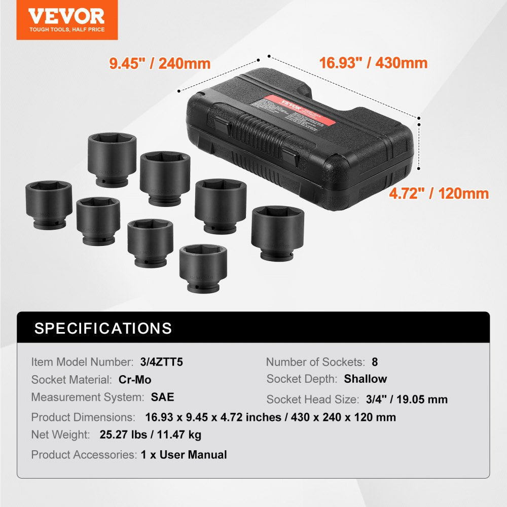 VEVOR Axle Nut Impact Socket Set 3/4