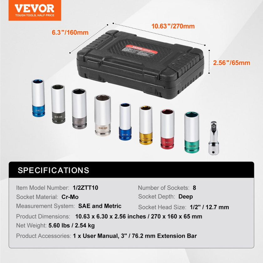 VEVOR Lug Nut Impact Socket Set 1/2 in Drive Metric and SAE 6-Point Deep Socket