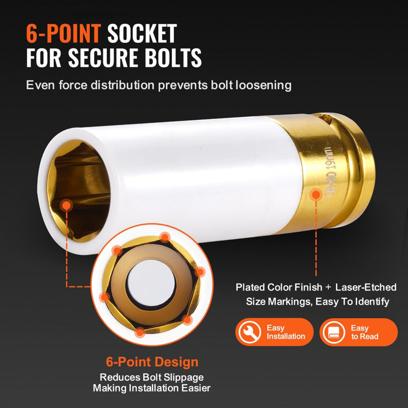VEVOR Lug Nut Impact Socket Set 1/2 in Drive Metric 6-Point Deep Socket 7PCS