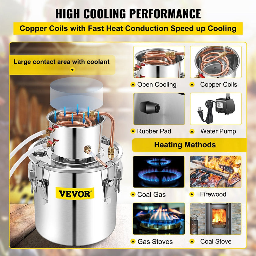 VEVOR Alcohol Still 13.2Gal/50L, Alcohol Distiller with Circulating Pump, Alcohol Still Copper Tube, Whiskey Distilling Kit w/Build-In Thermometer, Whiskey Making Kit for DIY Alcohol, Stainless Steel
